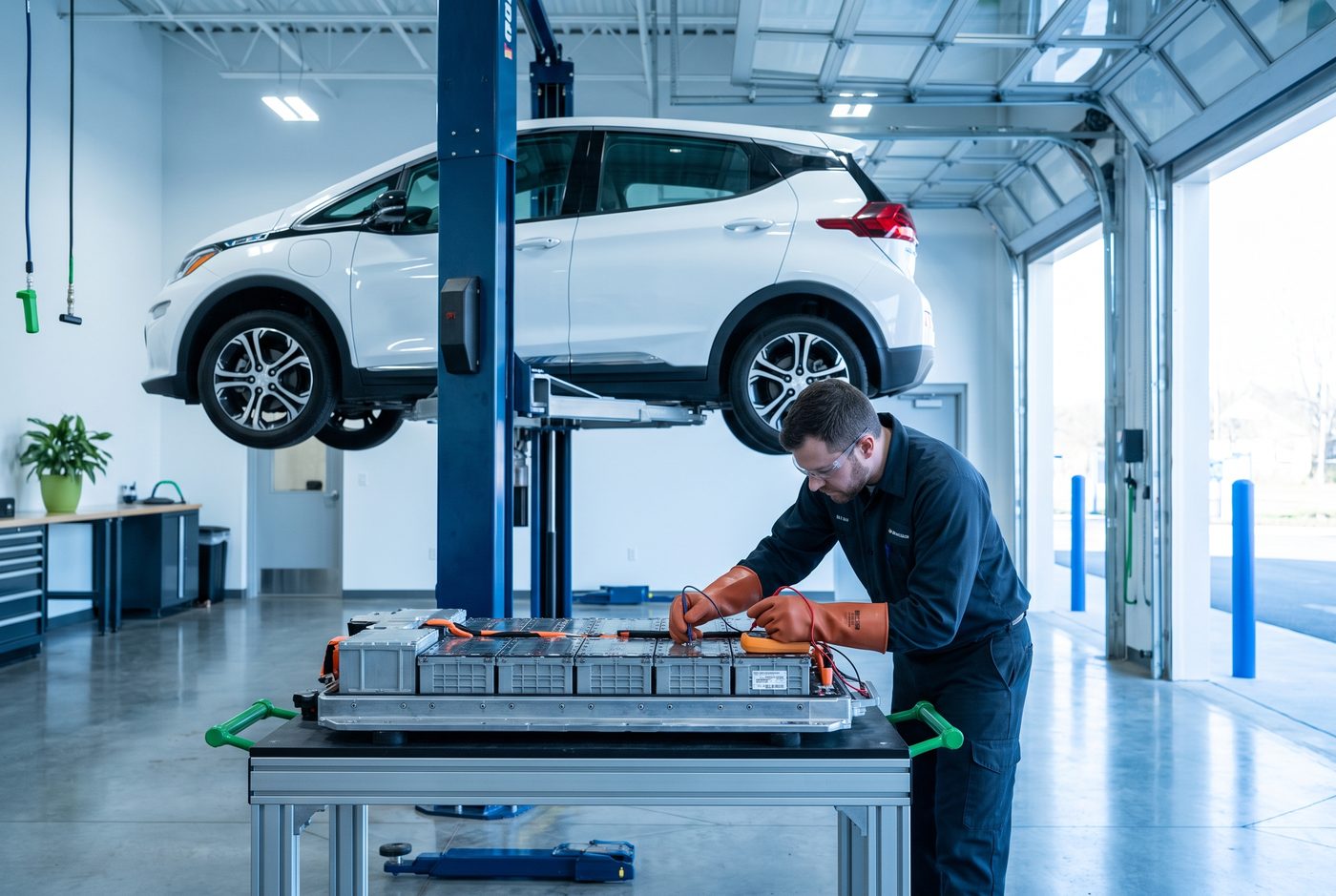 Chevy Bolt EV high-voltage battery pack inspection on a lift