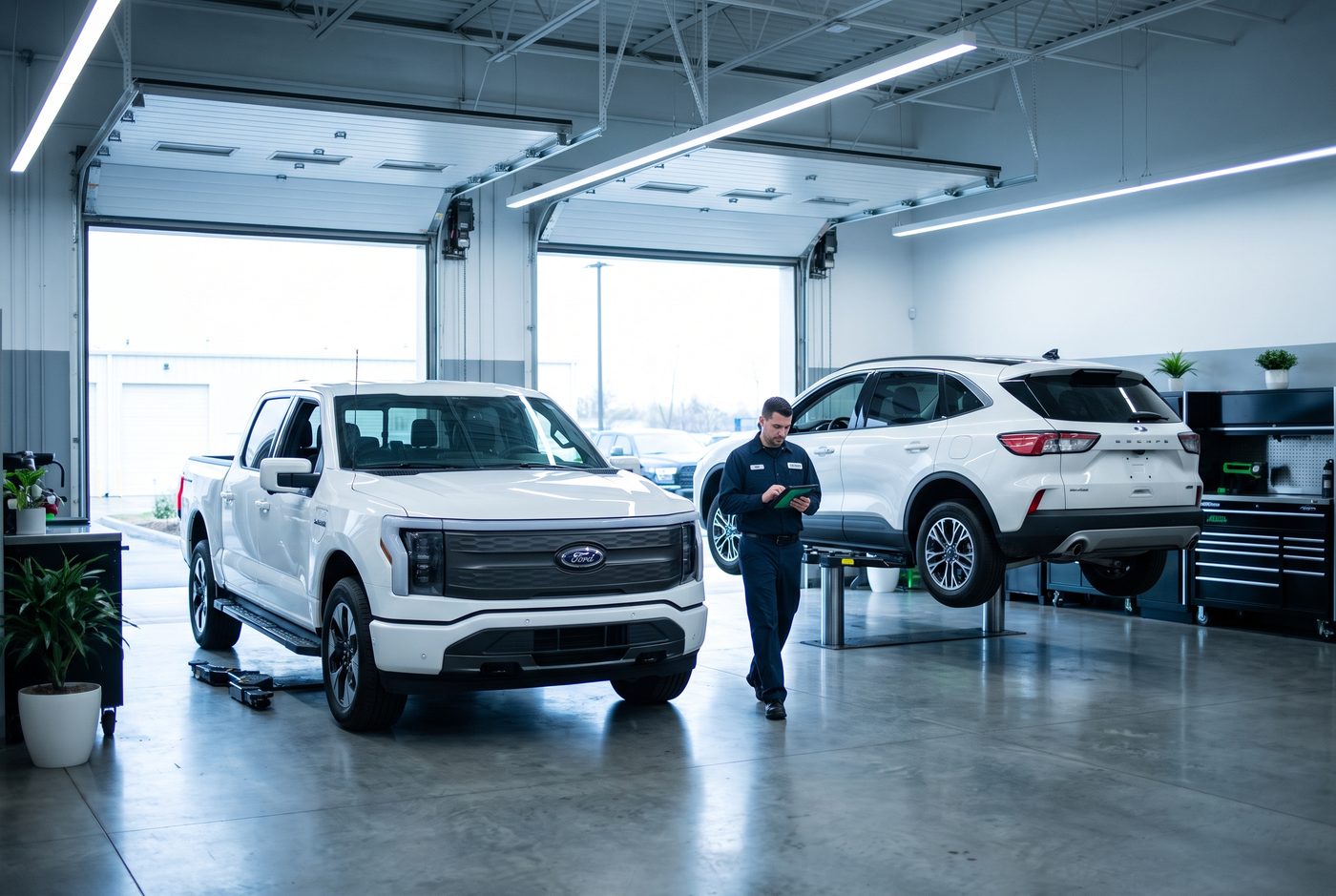Ford F-150 Lightning and Escape Hybrid in an EV repair shop