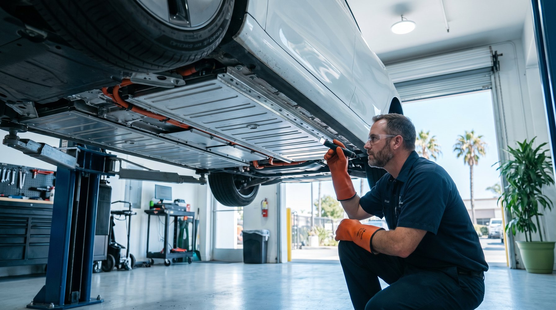 EV battery pack inspection under an electric sedan