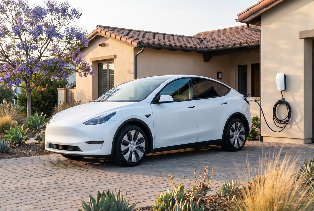 White electric crossover charging at a San Diego home, showing how long Tesla batteries last Tesla Model Y charging at a San Diego home before battery and suspension service