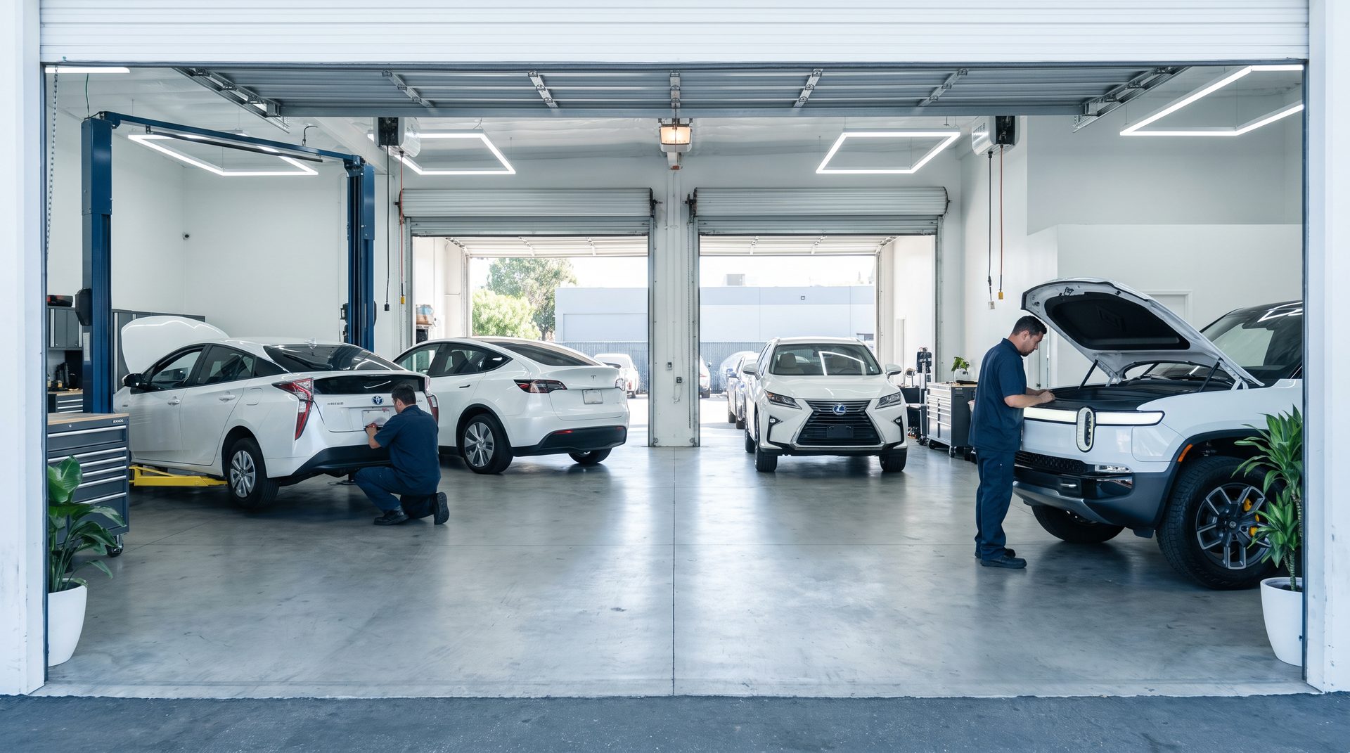 Hybrid and EV repair bays with a Prius, Tesla, Rivian and Lexus in San Diego