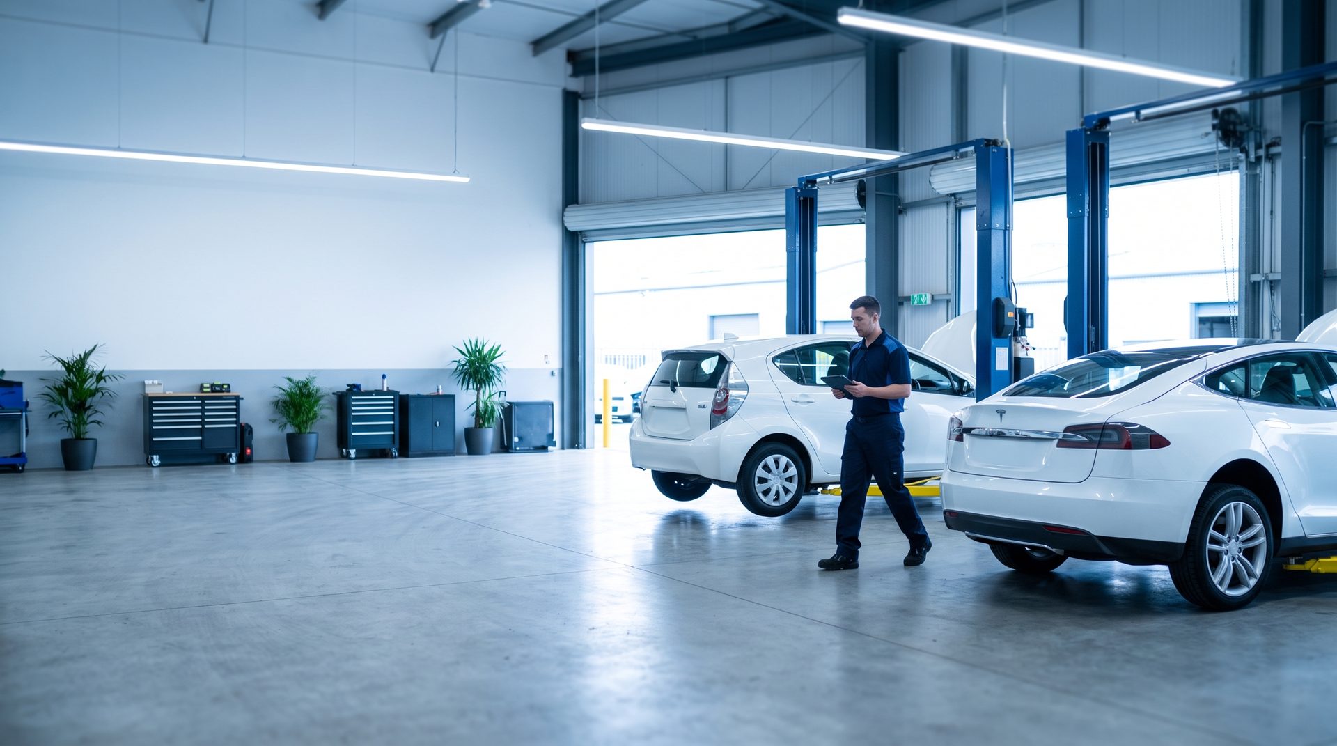Hybrid and EV repair shop in San Diego with an electric sedan and hybrids in the bays