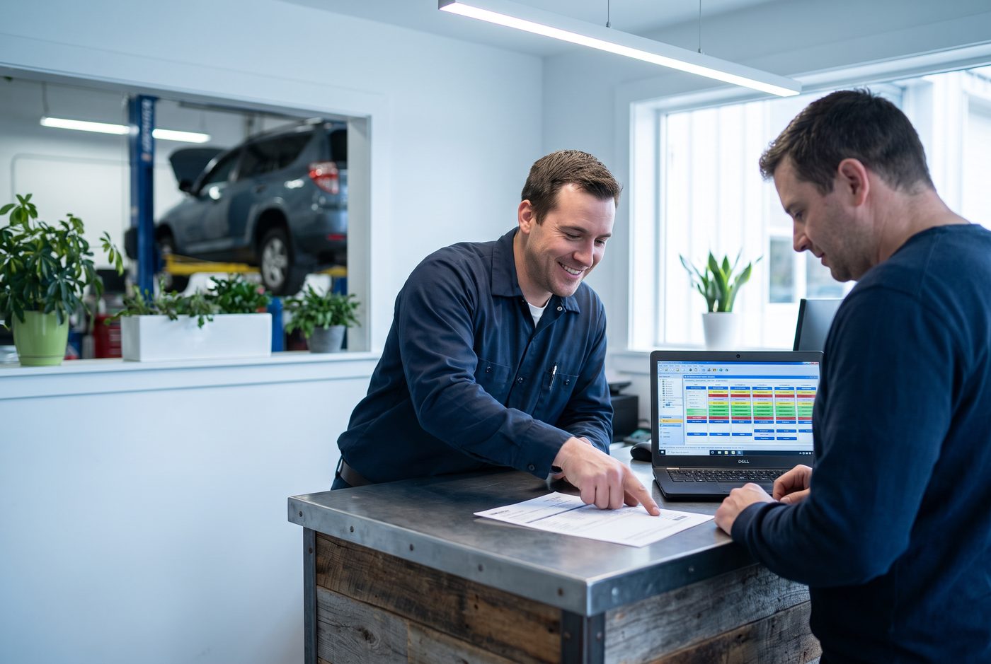 Technician explaining hybrid maintenance results to a customer at the counter