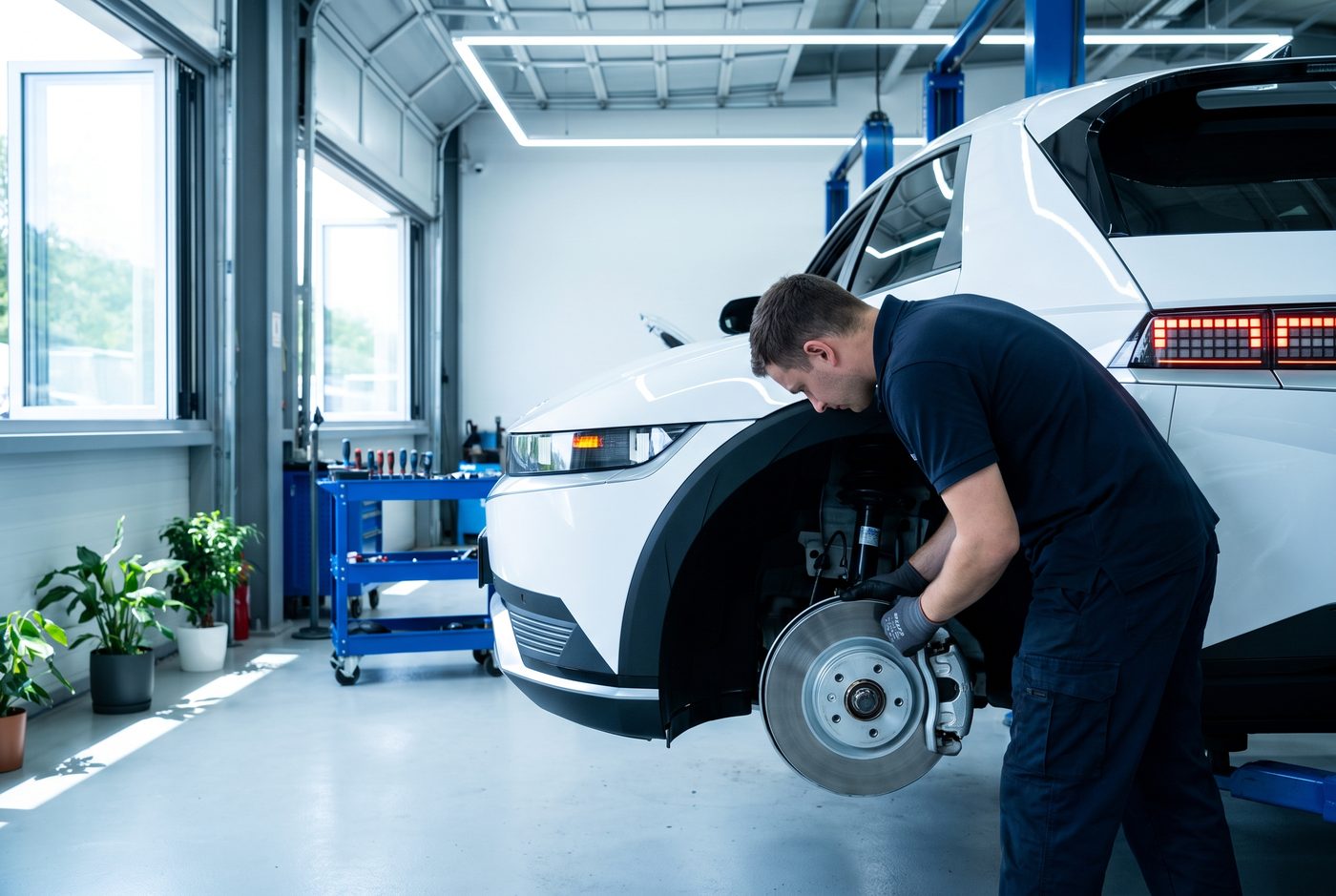 Hyundai Ioniq 5 brake inspection in an independent EV repair shop