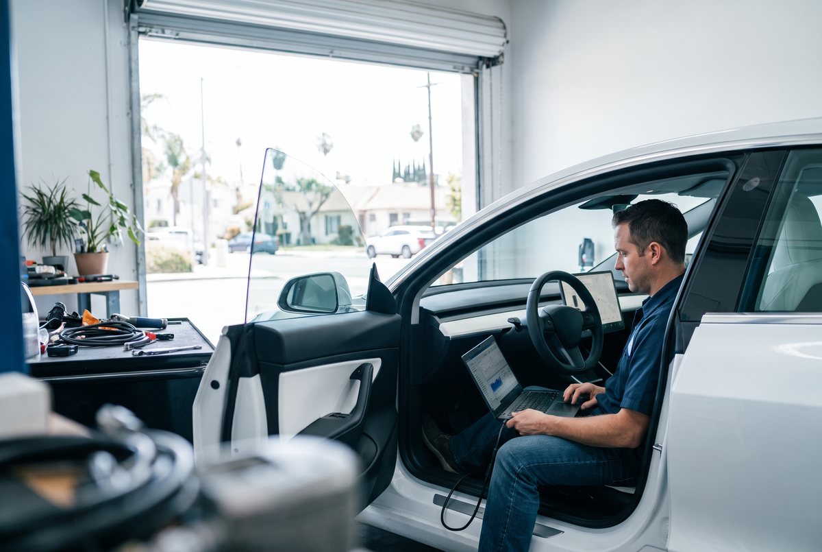 Independent Tesla mechanic running electric vehicle diagnostics on a laptop