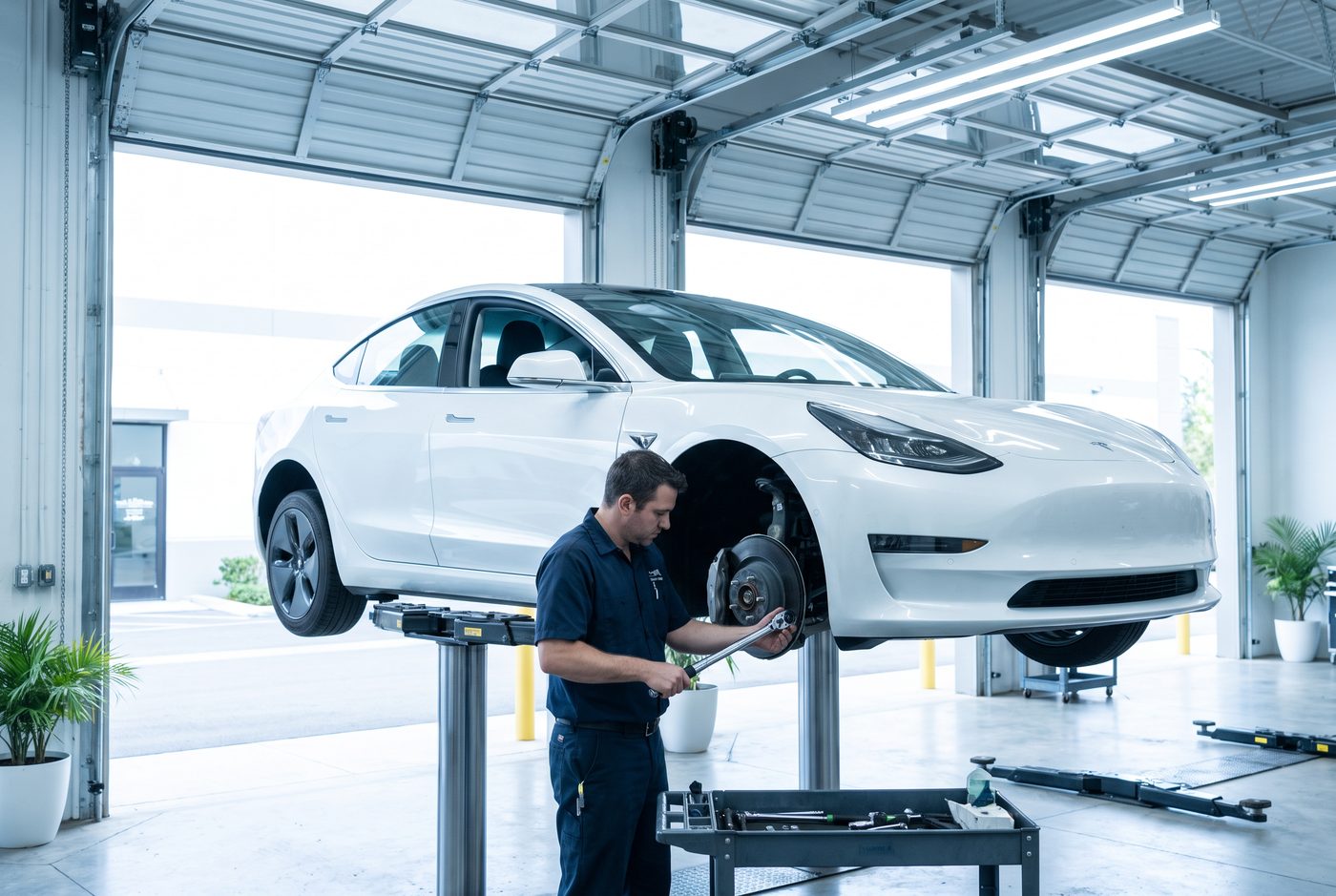 Independent Tesla Model 3 suspension repair on a lift in San Diego