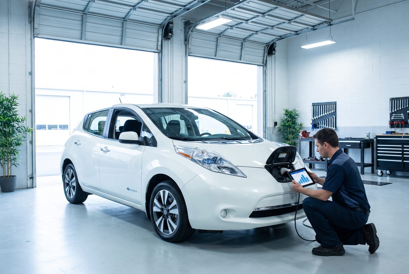 Nissan Leaf battery health test on a tablet in a San Diego EV shop
