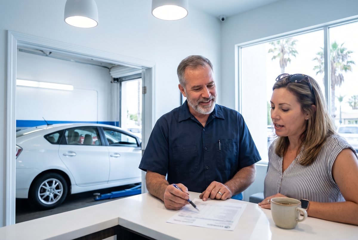 Mechanic reviewing a Prius battery replacement cost estimate with a customer