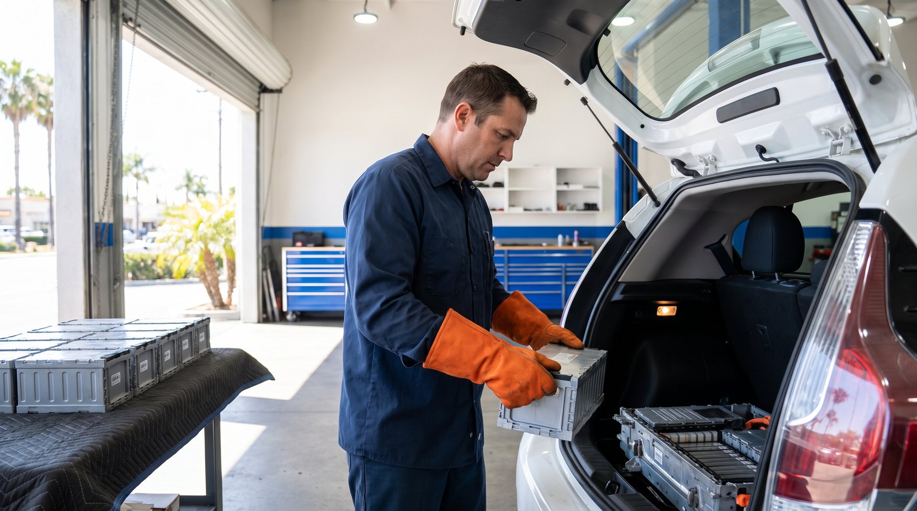 Technician in high-voltage gloves replacing Prius battery modules in a San Diego shop