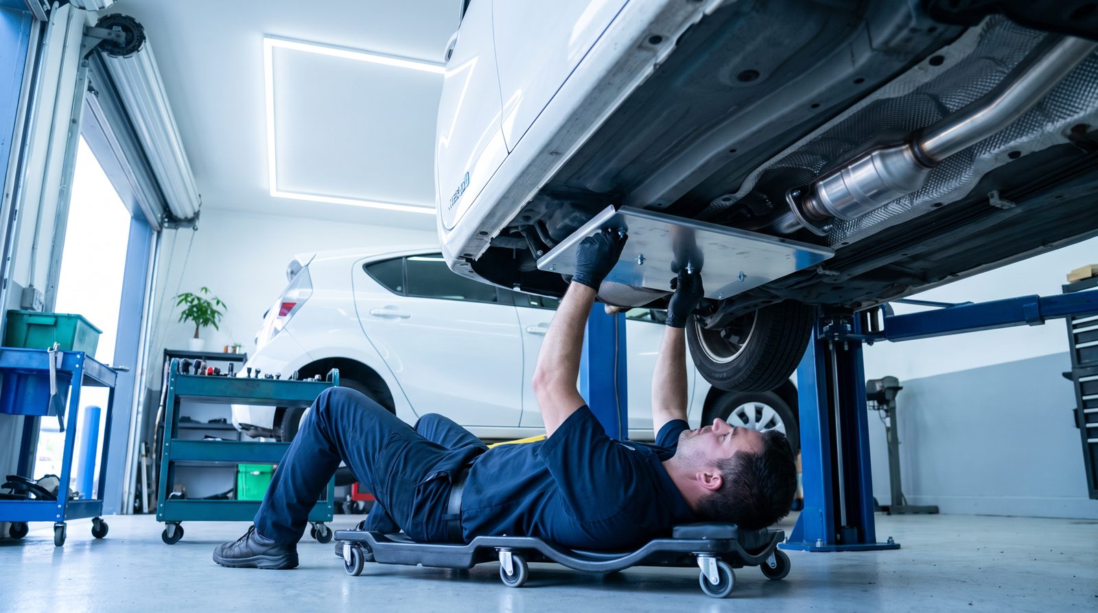 Catalytic converter theft shield being installed
