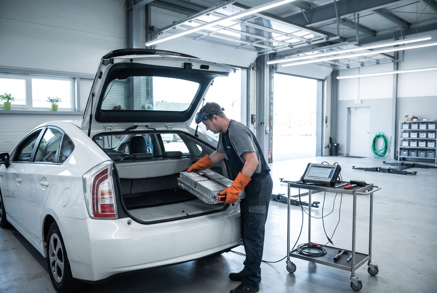 Technician in high-voltage gloves replacing a Prius hybrid battery