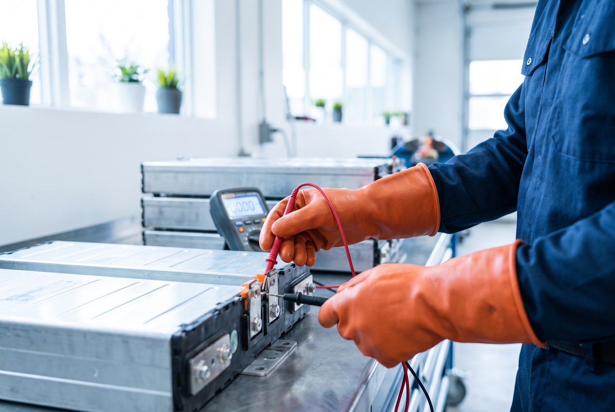 Technician testing a module to compare a reconditioned hybrid battery with a new one