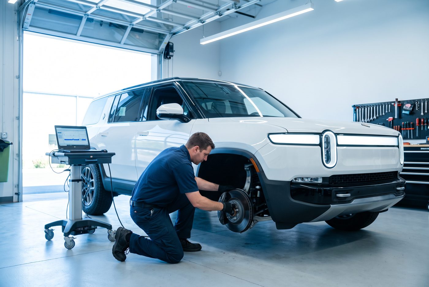 Rivian R1S electric SUV getting a brake inspection in an independent shop