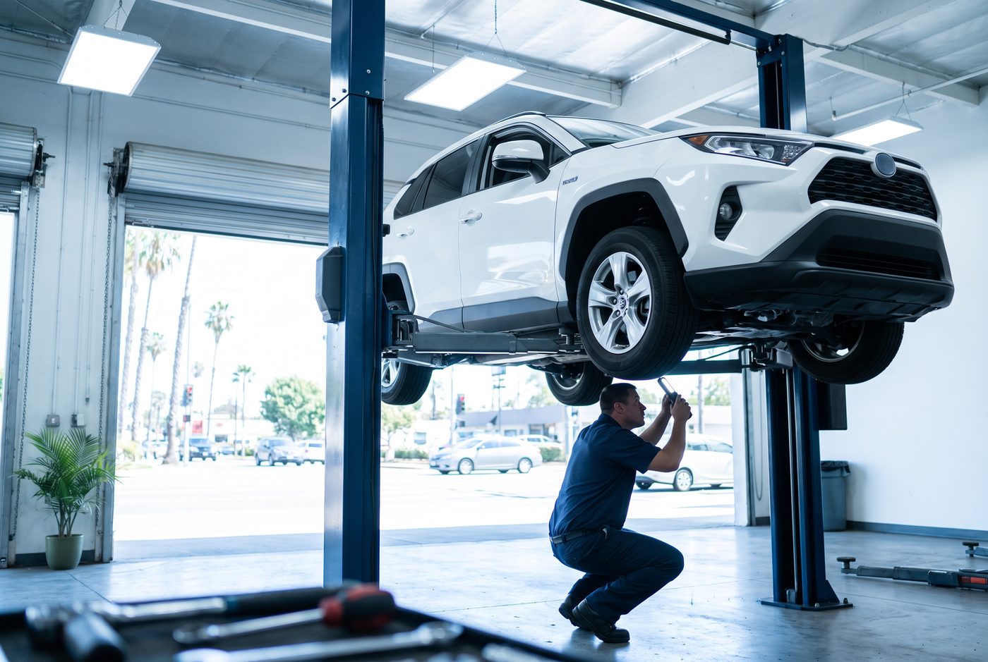 Hybrid on a lift during hybrid repair in San Diego